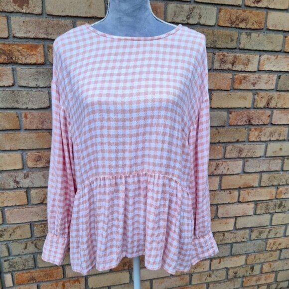 Time and Tru Pink and White Long Sleeve Peplum Blouse - Picture 1 of 7